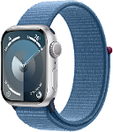 Apple Watch Series 9, 45 мм, корпус из алюминия серебристого цвета, ремешок Sport Loop «ледяной синий»
