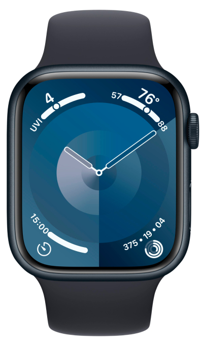 картинка Apple Watch Series 9, 45 мм, корпус из алюминия цвета «тёмная ночь», спортивный ремешок цвета «тёмная ночь» M/L от магазина Технолав