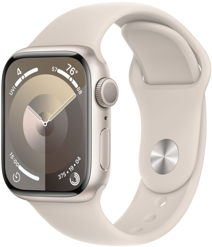 картинка Apple Watch Series 9, 45 мм, корпус из алюминия цвета «сияющая звезда», спортивный ремешок цвета «сияющая звезда» M/L от магазина Технолав