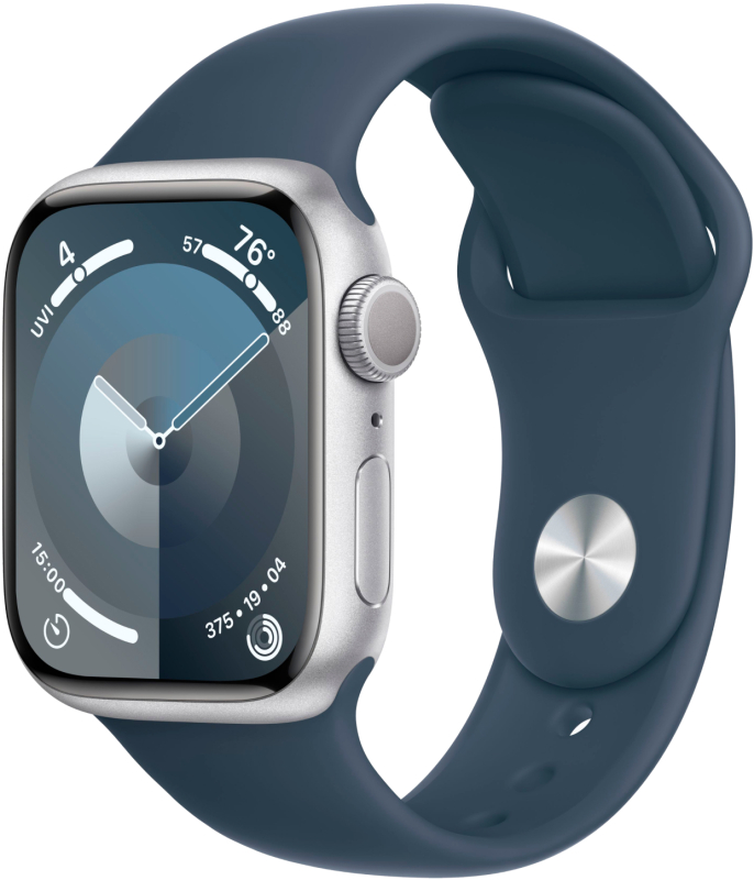 картинка Apple Watch Series 9, 41 мм, корпус из алюминия серебристого цвета, спортивный ремешок цвета «грозовой синий», размер M/L от магазина Технолав