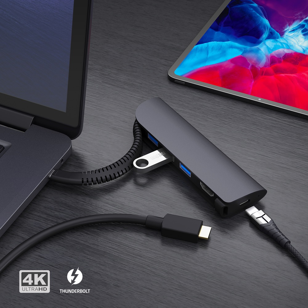 картинка Многопортовой адаптер USB Type-C хаб, HDMI, Power Delivery, 3 x USB 3.0, встроенный кабель от магазина Технолав
