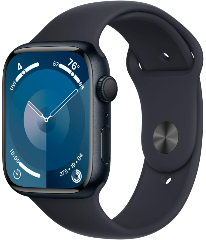 картинка Apple Watch Series 9, 41 мм, корпус из алюминия цвета «тёмная ночь», спортивный ремешок цвета «тёмная ночь» M/L от магазина Технолав