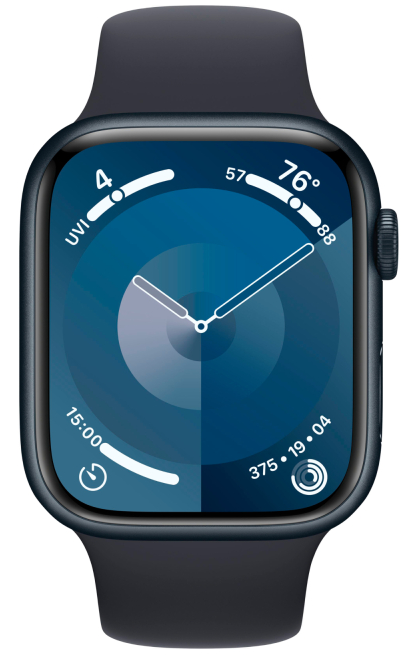 картинка Apple Watch Series 9, 45 мм, корпус из алюминия цвета «тёмная ночь», спортивный ремешок цвета «тёмная ночь» S/M от магазина Технолав