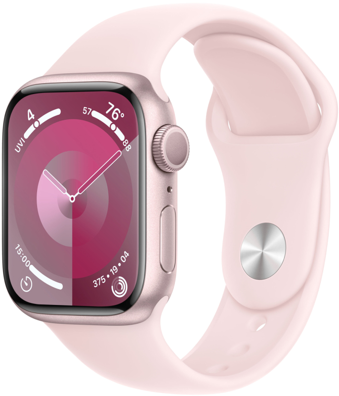 картинка Apple Watch Series 9, 41 мм, корпус из алюминия розового цвета, спортивный ремешок нежно-розового цвета, размер S/M от магазина Технолав