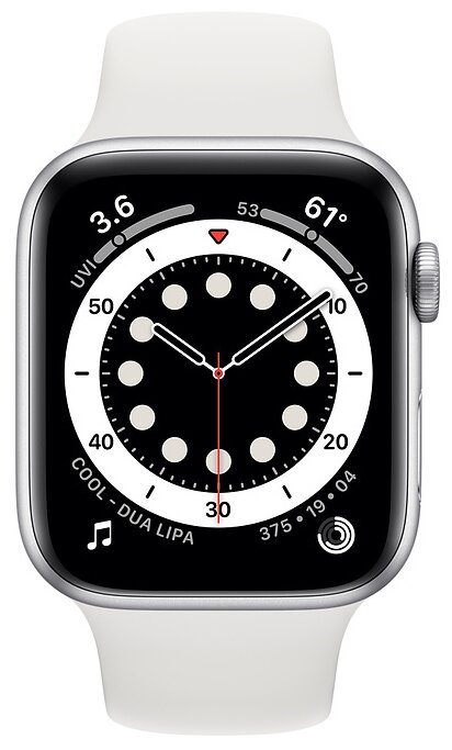 картинка Apple Watch Series 6, 44 мм, алюминий серебристого цвета, спортивный ремешок белого цвета от магазина Технолав