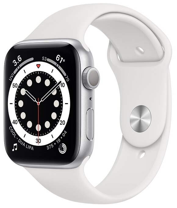 картинка Apple Watch Series 6, 44 мм, алюминий серебристого цвета, спортивный ремешок белого цвета от магазина Технолав