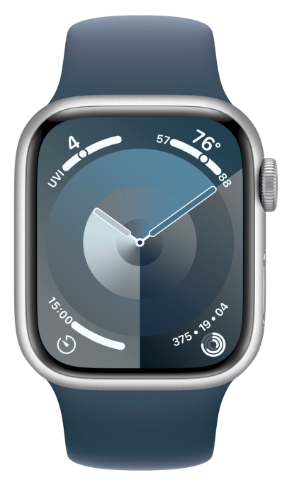 картинка Apple Watch Series 9, 45 мм, корпус из алюминия серебристого цвета, спортивный ремешок цвета «грозовой синий», размер S/M от магазина Технолав