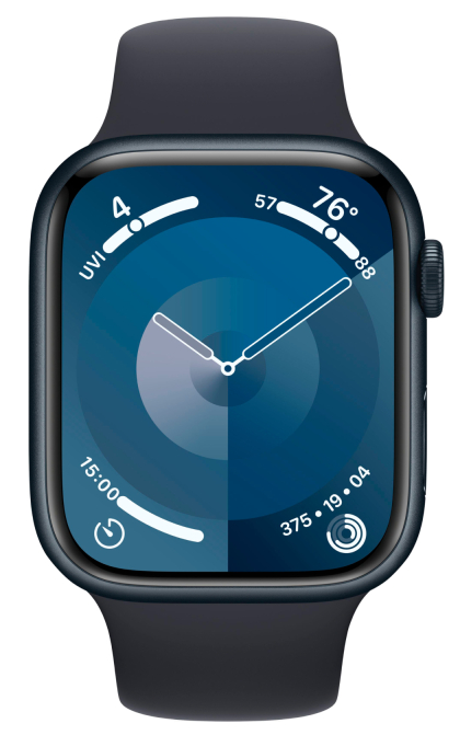 картинка Apple Watch Series 9, 41 мм, корпус из алюминия цвета «тёмная ночь», спортивный ремешок цвета «тёмная ночь» M/L от магазина Технолав
