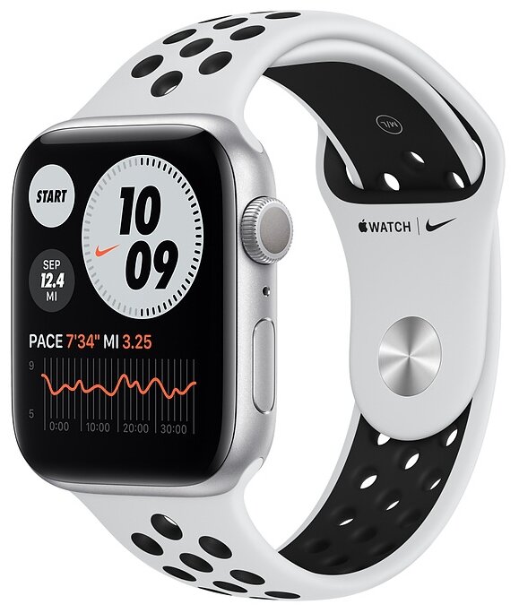 картинка Apple Watch Nike Series 6, 44 мм, корпус из алюминия серебристого цвета, спортивный ремешок Nike цвета «чистая платина/чёрный» от магазина Технолав