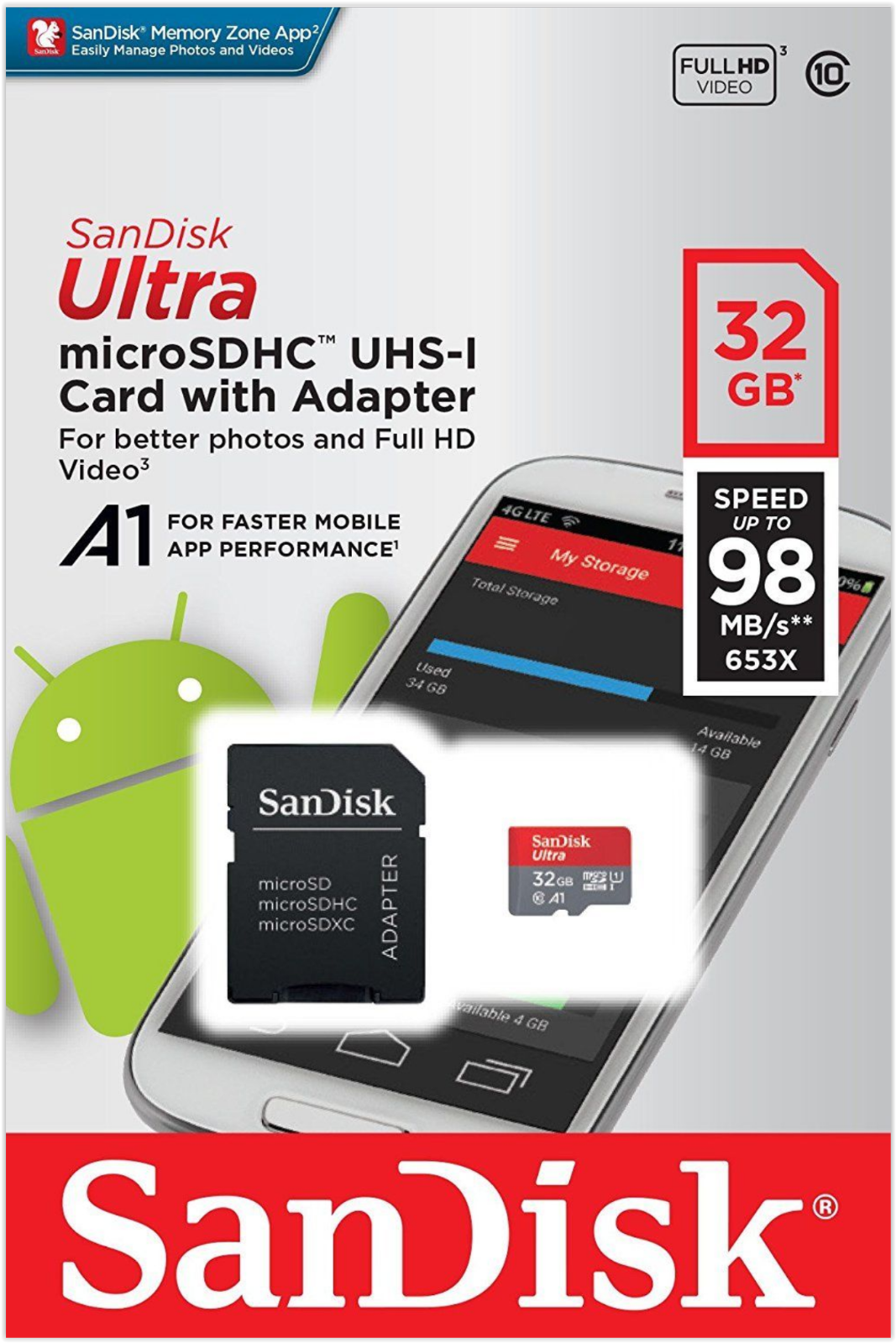 картинка Карта памяти SanDisk Ultra microSDHC Class 10 UHS Class 1 A1 98MB/s 32GB + SD adapter от магазина Технолав
