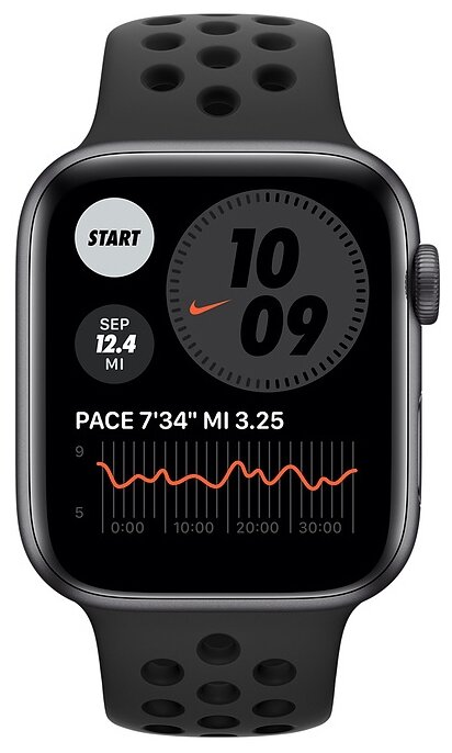 картинка Apple Watch Nike Series 6, 44 мм, алюминий цвета «серый космос», спортивный ремешок Nike цвета «антрацитовый/чёрный» от магазина Технолав