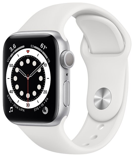 картинка Apple Watch Series 6, 40 мм, алюминий серебристого цвета, спортивный ремешок белого цвета от магазина Технолав