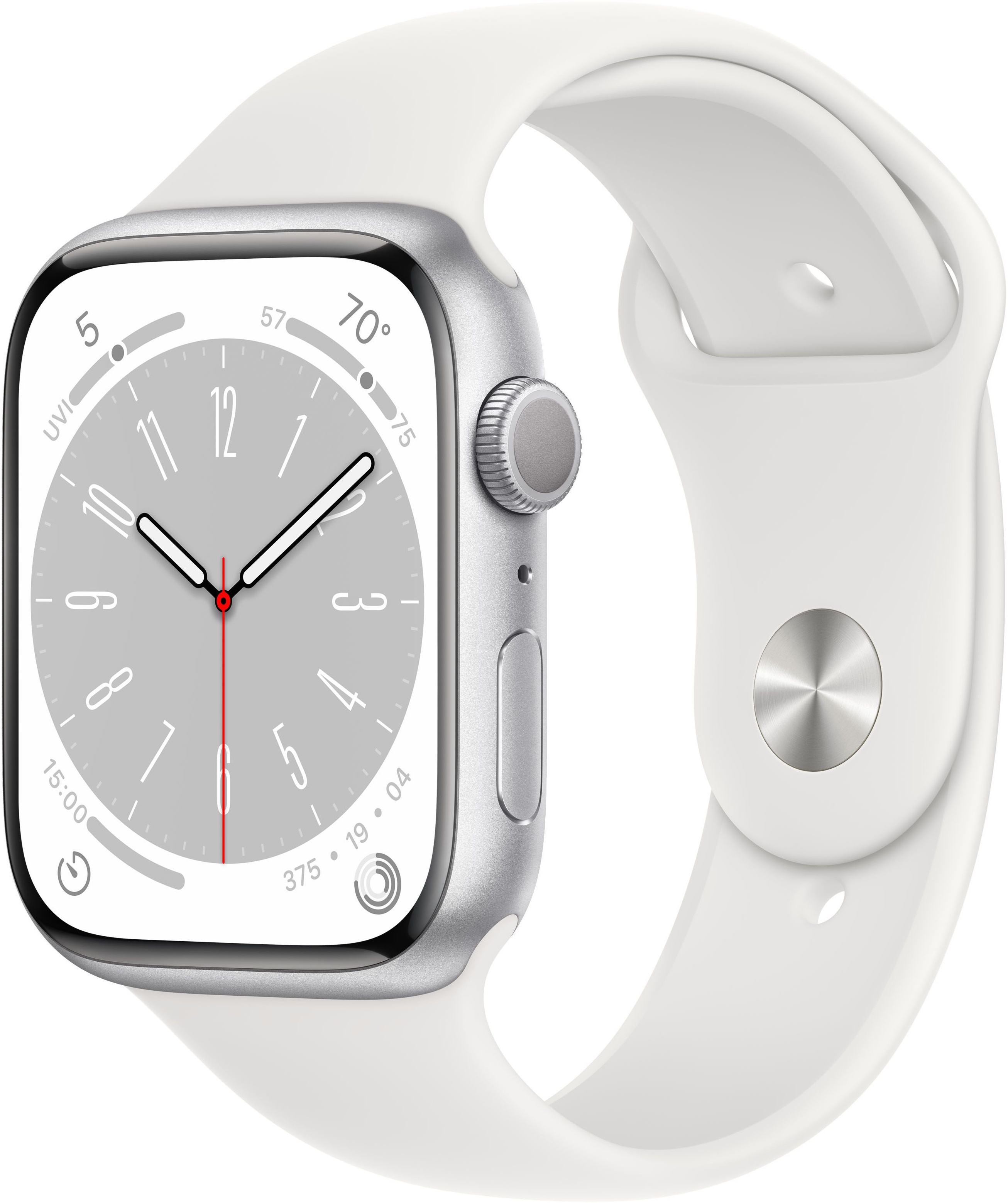 картинка Apple Watch Series 8 GPS, 45mm Silver Aluminum Case with White Sport Band (серебристый/белый) от магазина Технолав