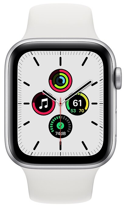 картинка Умные часы Apple Watch SE, 44 мм, корпус из алюминия серебристого цвета, спортивный ремешок белого цвета от магазина Технолав