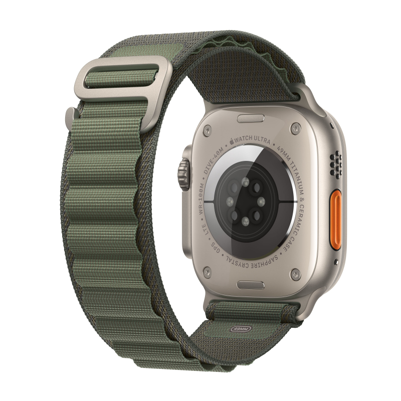 картинка Apple Watch Ultra GPS + Cellular, 49 мм, корпус из титана, ремешок Alpine, титаново/зеленого цвета, размер М от магазина Технолав