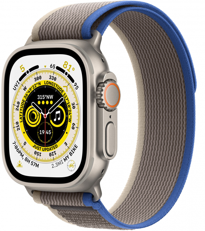 картинка Apple Watch Ultra GPS + Cellular, 49 мм, корпус из титана, ремешок Trail синего/серого цвета, размер M/L от магазина Технолав
