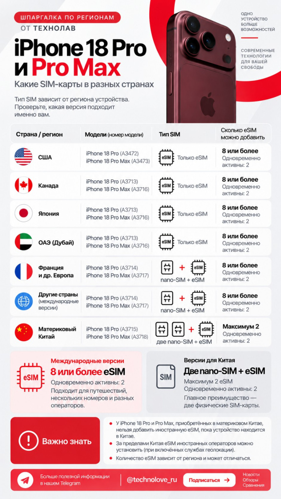 Шпаргалка по регионам iPhone 18 Pro и Pro Max: тип SIM и число eSIM по странам